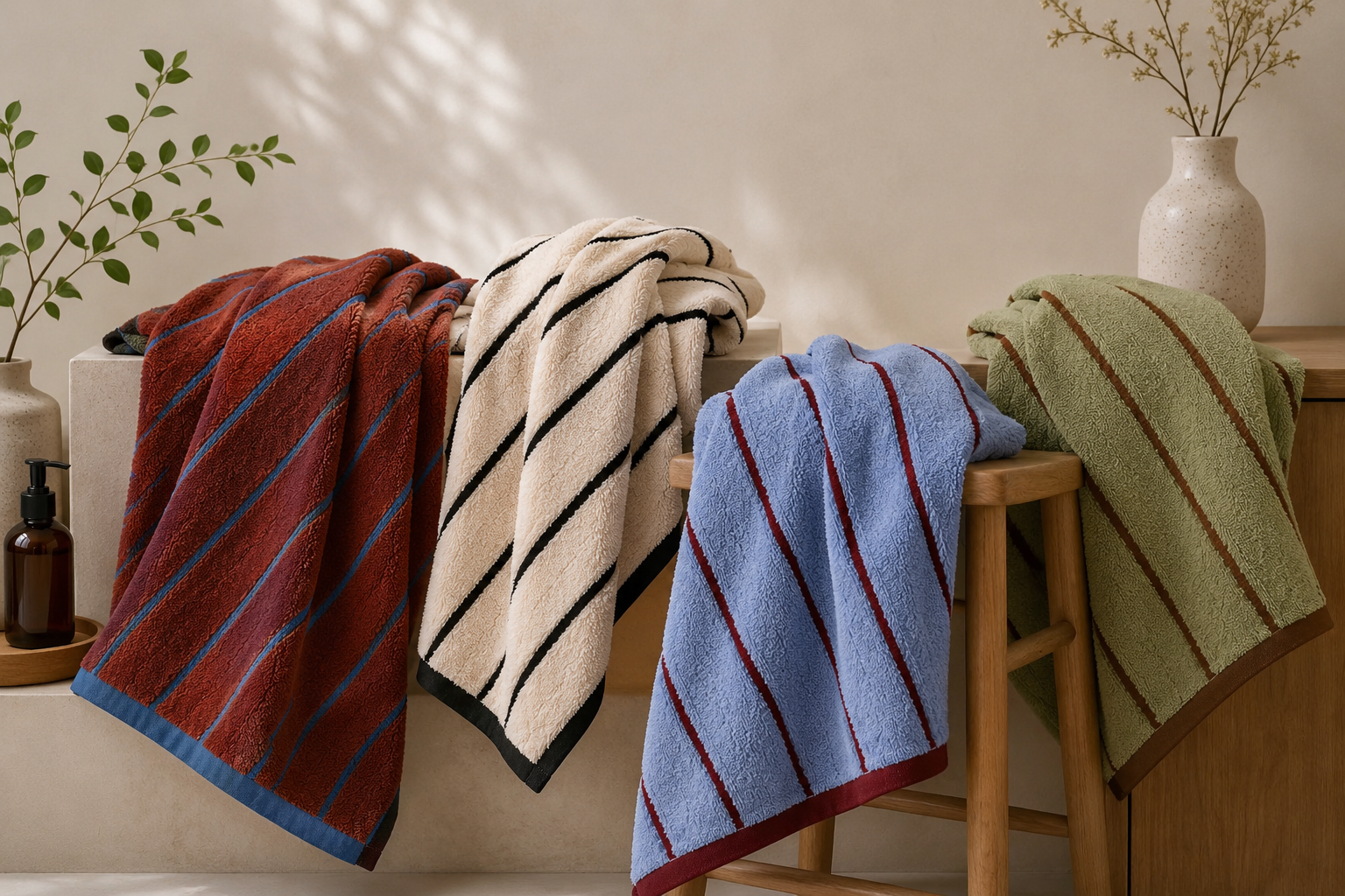 Four Sunday Soft striped towels in warm bathroom light