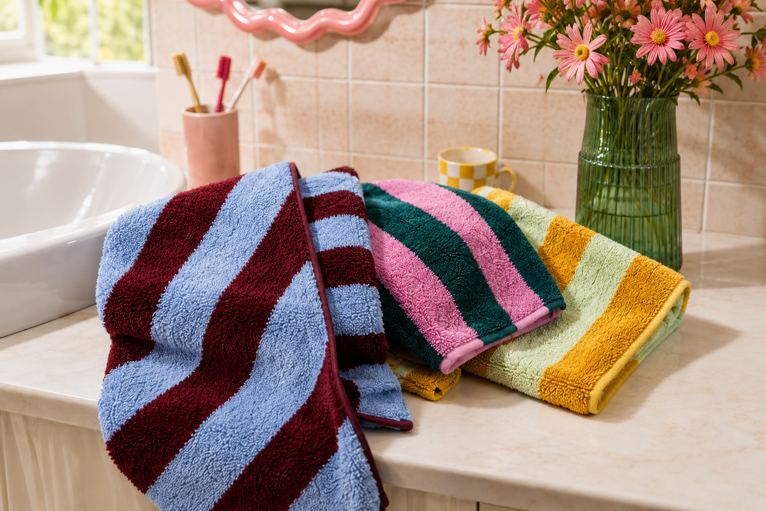 Colourful striped Sunday Soft towels beside a bathroom sink